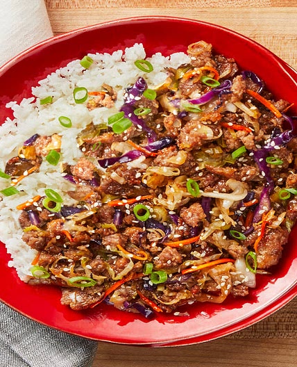 Moo Shu Pork Bowls with Cabbage, Scallions & Buttery Rice