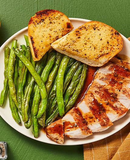 Balsamic Rosemary Pork Chops with Garlic Herb Toast & Roasted Green Beans
