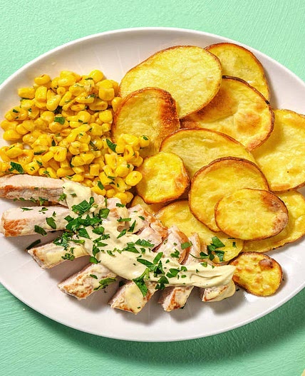 Southern Pork Chops with White BBQ Sauce, Buttery Corn and Crispy Potatoes