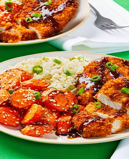 Pork Katsu with Sesame Roasted Carrots & Ginger Rice