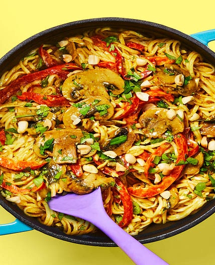 One-Pot Spicy Coconut Curry Stir-Fry with Noodles, Cilantro & Peanuts