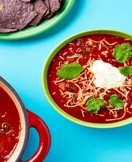 One-Pot Black Bean & Pepper Soup with Blue Corn Tortilla Chips, Monterey Jack & Sour Cream