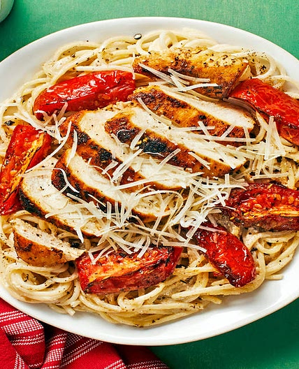 Chicken Over Garlic Parmesan Spaghetti with Tuscan Roasted Tomatoes