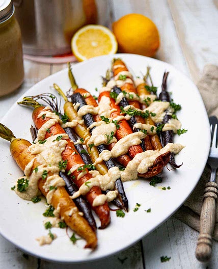Roasted Rainbow Carrots with Lemon Tahini