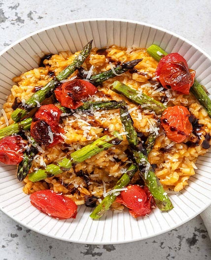 Sun-Dried Tomato Risotto with Roasted Asparagus and Baby Plum Tomatoes