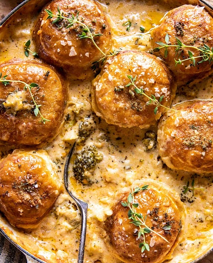 Creamy Broccoli Cheddar Casserole with Garlic Butter Pretzels