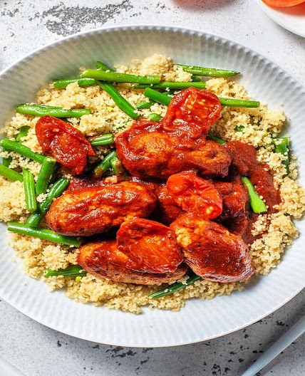 Greek Soutzoukakia Style Pork Koftas with Fresh Tomato & Red Wine Sauce and Couscous