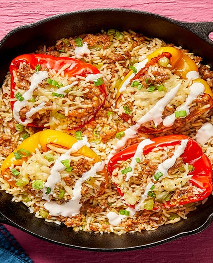 Cajun Pork Sausage Stuffed Peppers with Pepper Jack & Hot Sauce Crema