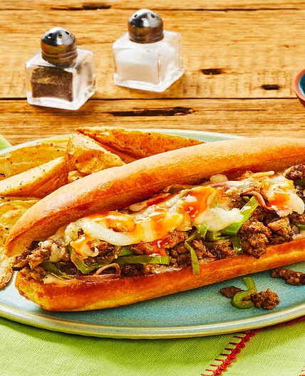 Italian Beef Melts with Onion, Pepper, Mozzarella & Roasted Potato Wedges