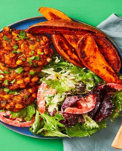 Crispy Southwest Corn Fritters plus Sweet Potato Wedges & a Side Salad with Smoky Ranch Dressing