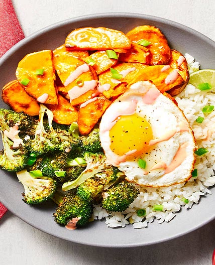 Honey Miso Broccoli Donburi with Sweet Potato, Fried Eggs, Scallion Rice & Sriracha Mayo