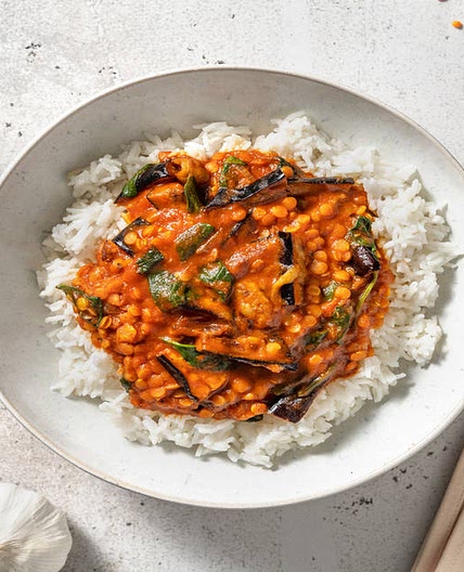 Red Lentil and Spinach Dal with Roasted Aubergine