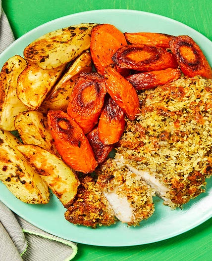 Monterey Jack Un-Fried Chicken with Roasted Carrots, Potato Wedges & Sriracha Mayo