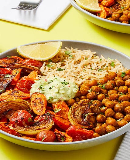 Curry-Spiced Chickpea Bowls with Roasted Veggies, Cucumber Raita & Garlic Basmati Rice