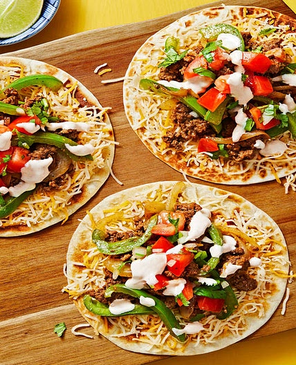 Beef & Cheese Tostadas with Green Bell Pepper, Tomato Salsa & Hot Sauce Crema