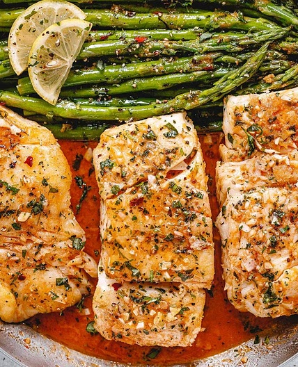 Garlic Butter Cod with Lemon Asparagus Skillet