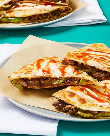 One-Pan Steak & Green Pepper Quesadillas with Hot Sauce & Smoky Red Pepper Crema