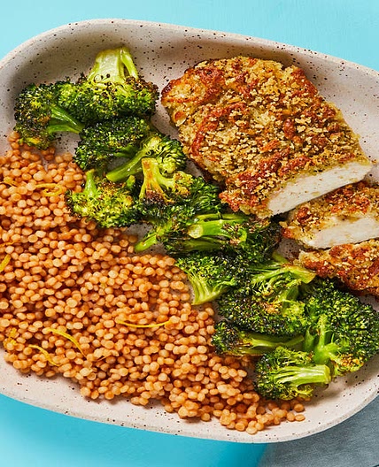 Mozzarella & Herb Chicken with Roasted Broccoli & Buttery Couscous