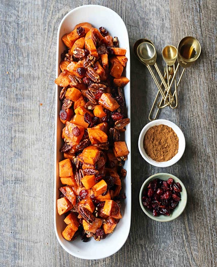 Roasted Sweet Potatoes with Pecans and Cranberries