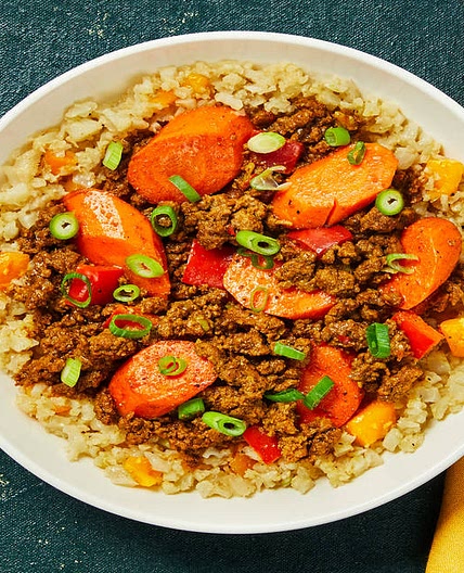 Caribbean-Style Curry Beef Bowls over Mango Cauliflower Rice