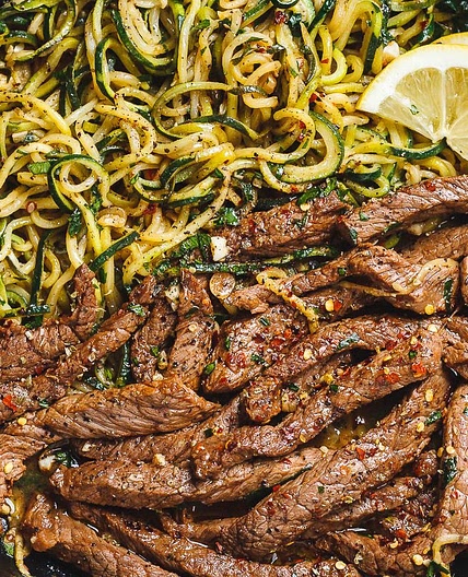 15-Minute Lemon Garlic Butter Steak with Zucchini Noodles