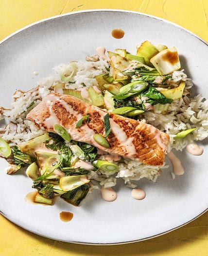 Pan-Fried Salmon and Soy-Glazed Bok Choy with Sriracha Mayo and Ginger-Infused Jasmine Rice