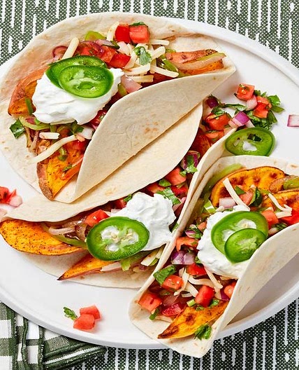 Sweet Potato Fajitas with Pepper Jack Cheese, Pickled Jalapeño, and Lime Crema