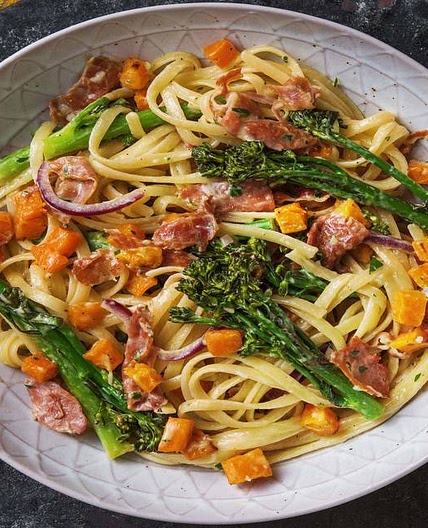 Serrano Ham and Butternut Linguine with Tenderstem® Broccoli and Creme Fraiche