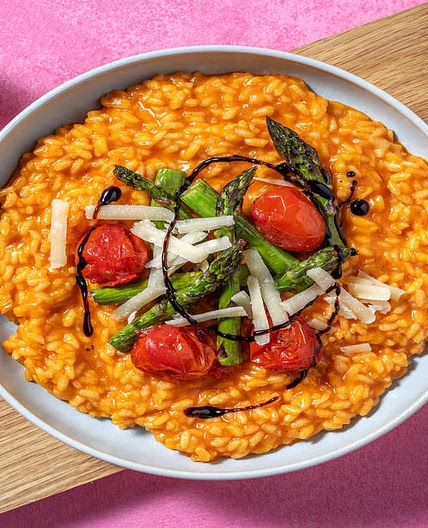 Sun-Dried Tomato Risotto with Roasted Asparagus and Baby Plum Tomatoes