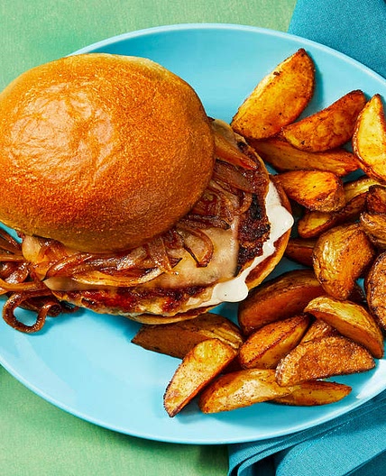 Gouda Pork Burgers with Caramelized Sriracha Onion & Potato Wedges