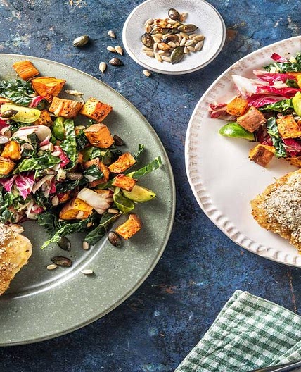 Herb-Crusted Honey-Mustard Chicken with Kale and Roasted Sweet Potato Salad