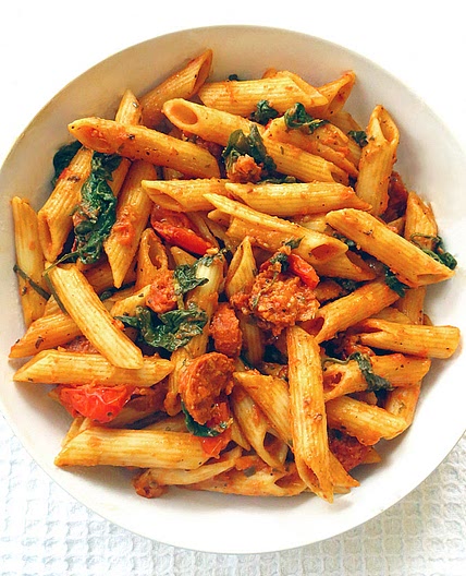 Spinach and Chorizo Red Pesto Penne