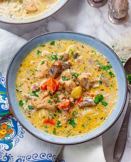 Creamy Chicken Stew with Bacon & Parmesan (video)