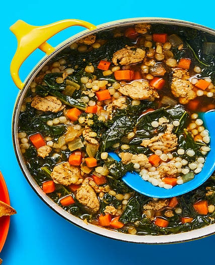 One-Pot Chicken Sausage & Kale Soup with Couscous & Garlic Ciabatta Toasts