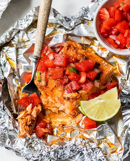 Foil Packet Spice Rubbed Fish with Watermelon Salsa