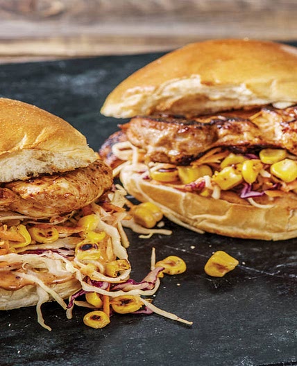 BBQ Chicken Burgers with Creamy Corn Slaw
