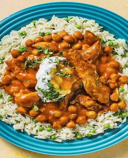 Indian Chicken and Chickpea Curry on Buttery Pilau Rice with Yogurt and Mango Chutney