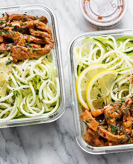 15 Minute Meal Prep Garlic Butter Steak with Zucchini Noodles