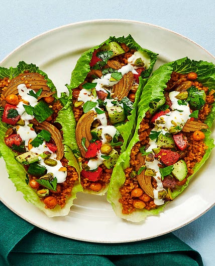 Shawarma Chickpea Lettuce Wraps with Israeli Salad, Pistachios & Lemon Garlic Yogurt Sauce