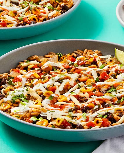 Black Bean & Charred Corn Burrito Bowls with Blue Corn Tortilla Chips & Tomato Salsa