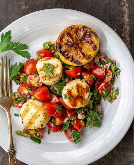 Grilled Scallops with Mediterranean-Style Tomato Salsa