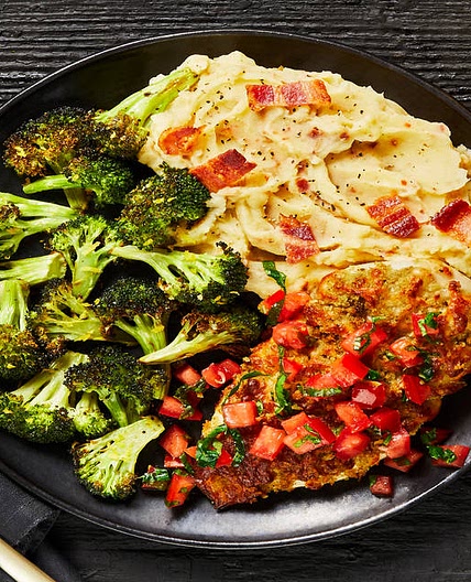 Bruschetta Chicken with a Crispy Mozzarella Crust, Bacon Mashed Potatoes & Broccoli