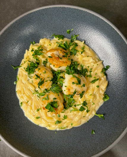 Creamy Lemon Dill Orzo with Seared Scallops