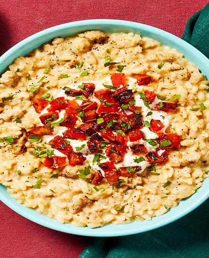 Blistered Tomato & Chicken Sausage Risotto with Whipped Ricotta & Lemon