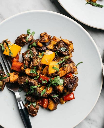 Whole30 Steak Bites with Sweet Potatoes and Peppers