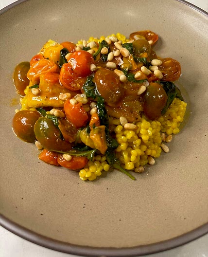 Cod with Burst Tomatoes, Basil, and Pine Nuts