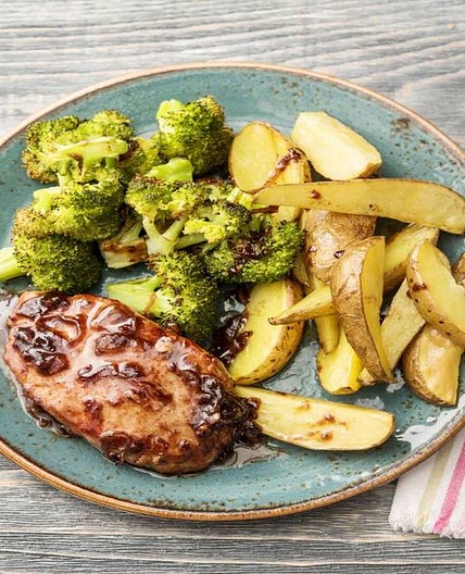 Cherry-and-Balsamic-Glazed Pork Chops with Crispy Broccoli and Potatoes