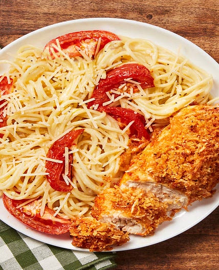 Parmesan-Crusted Chicken with Creamy Lemon Tomato Spaghetti