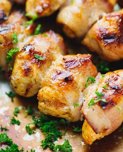 Bacon wrapped chicken skewers