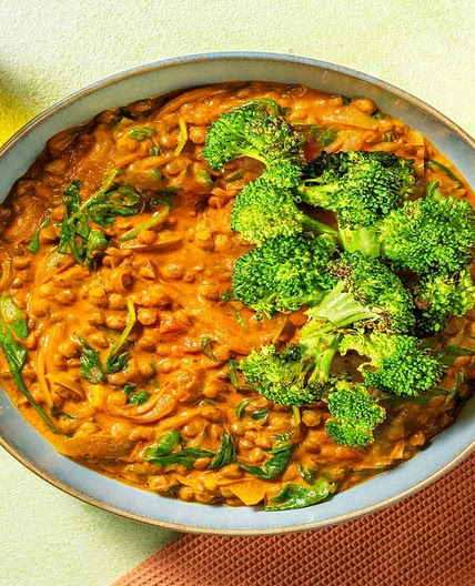 North Indian Style Broccoli & Lentil Dal with Caramelised Onion and Spinach